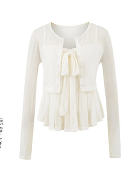 少女老钱风白色针织开衫褶皱吊带套装女初秋新款穿搭背心女两件套