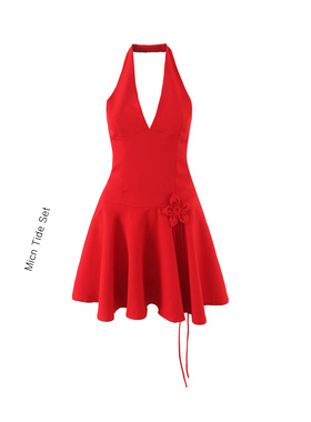 MianCun法式性感红色挂脖连衣裙女夏季新款rty生日小礼服包臀短裙