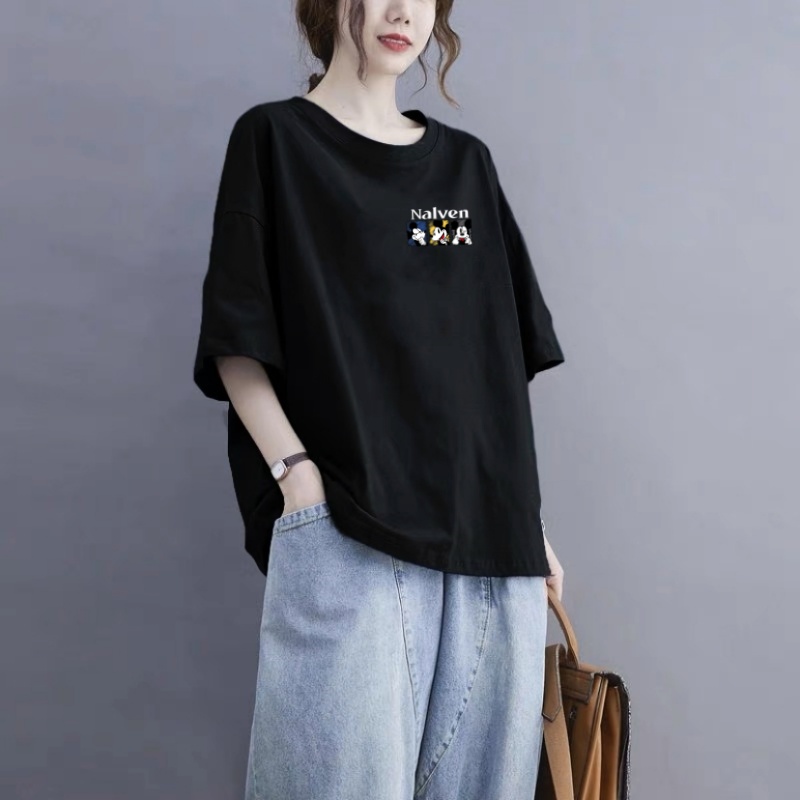 大码宽松纯棉短袖T恤女夏季外穿时尚小众显瘦半袖休闲上衣圆领