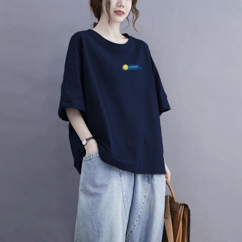 大码纯棉短袖T恤女夏季外穿时尚小众显瘦半袖休闲圆领宽松女上衣