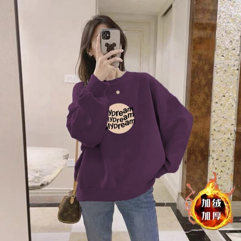 加绒加厚卫衣女秋冬季韩版休闲圆领短款宽松显瘦百搭保暖上衣外穿