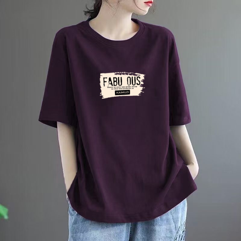 纯棉t恤上衣女宽松大码减龄印花圆领胖mm显瘦休闲半袖女短袖夏季