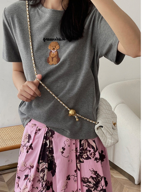 2025春夏新款植绒小狗深灰色短袖T恤女圆领甜美休闲百搭短款