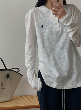 2025秋新款白色长袖T恤女亨利领小马刺绣竹节棉柔软薄款百搭刺绣