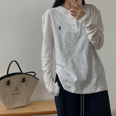 长袖宽松百搭薄款刺绣竹节棉T恤