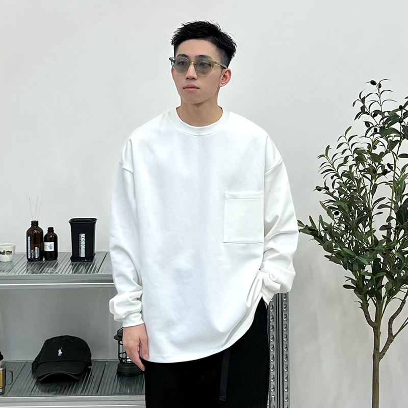 OURDAILYDOSE 23AW休闲日系重磅太空棉 纯色宽松圆领长袖口袋T恤