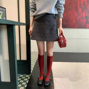 高腰烫钻短裙防走光裙裤羊毛半身裙女小香风修身显瘦A字裙秋冬款
