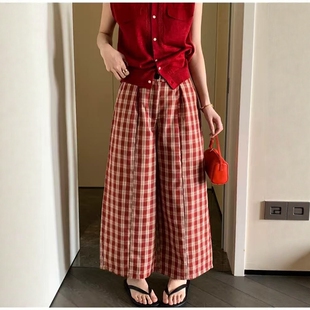 红色格子亚麻阔腿女九分裤薄款欧货2026夏季新款宽松休闲直筒裤