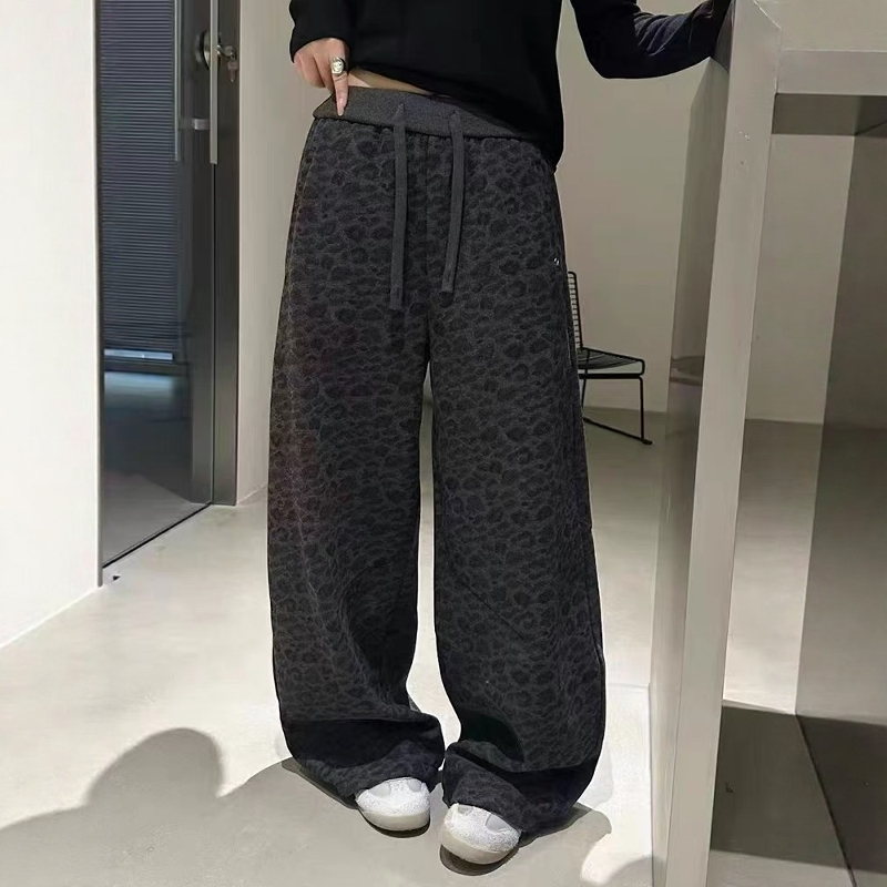复古豹纹拖地加绒阔腿裤女