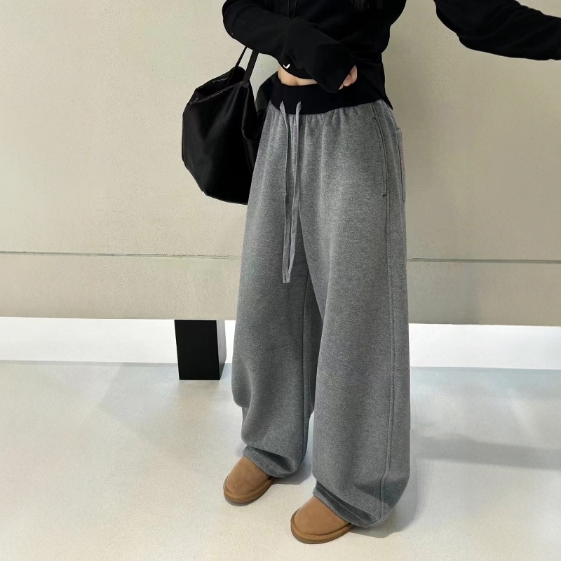 欧货高腰拼接抽绳阔腿卫裤女2025春季新款两穿宽松休闲弯刀运动裤