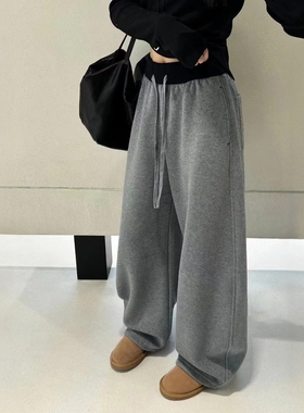 欧货拼接抽绳松紧腰阔腿卫裤女2026春季新款宽松休闲弯刀运动长裤