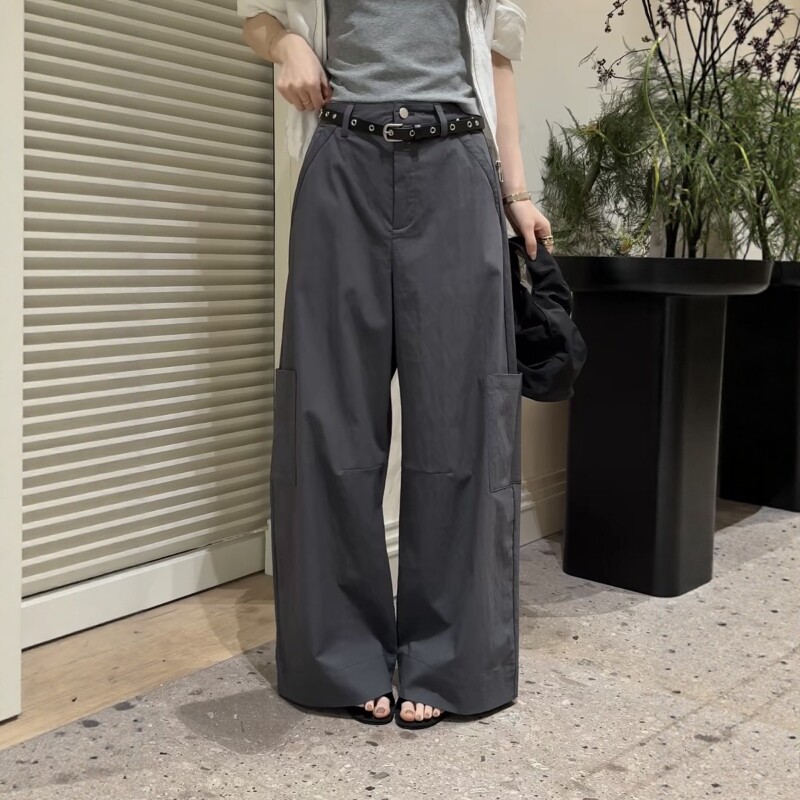 深灰色美式多口袋阔腿工装裤女薄款2026夏季新款宽松百搭休闲长裤