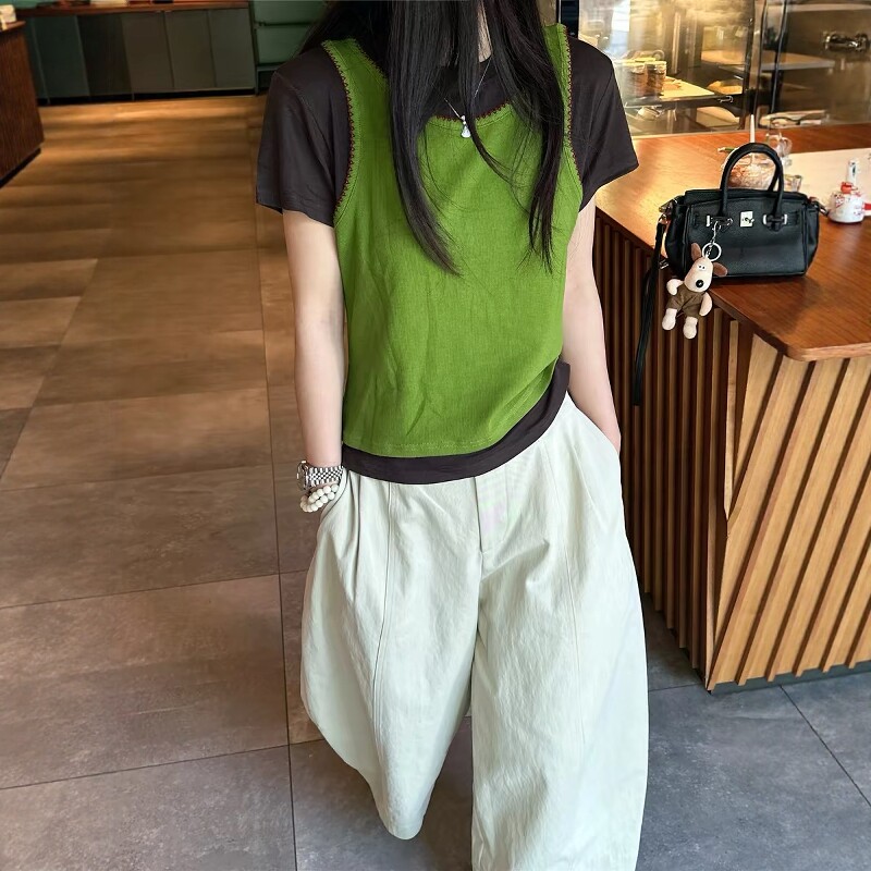 牛油果绿假两件撞色拼接短袖T恤女2026夏季新款宽松时尚洋气上衣