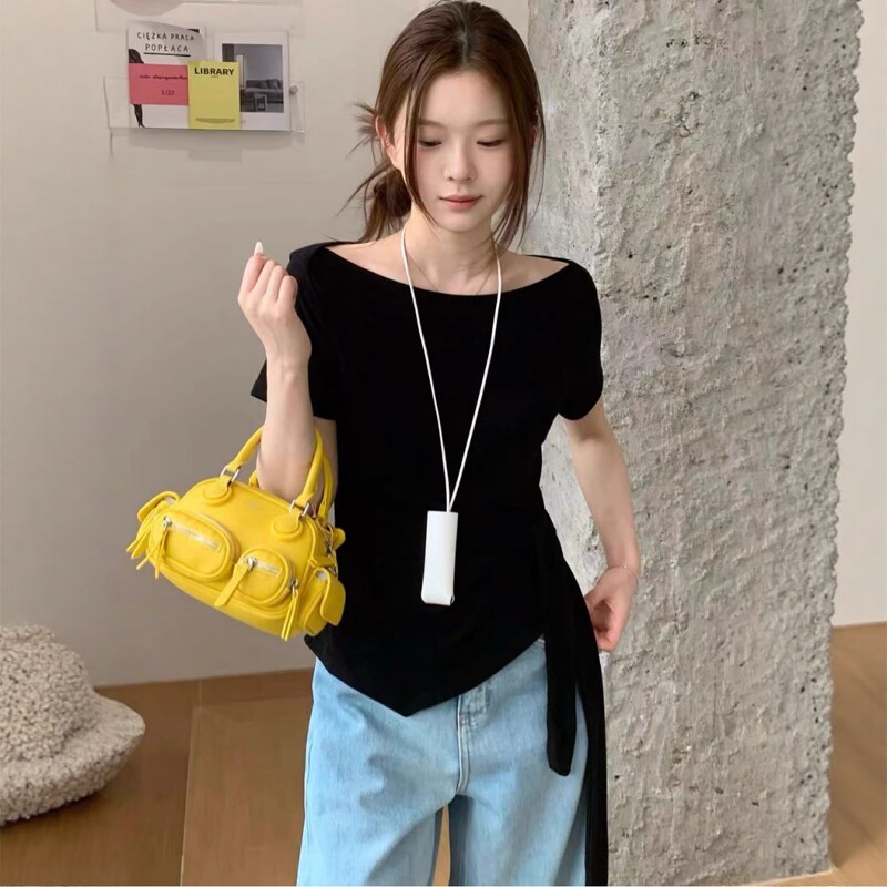 韩版欧货绑带收腰条纹短袖T恤女2026夏季新款收腰显瘦设计感上衣