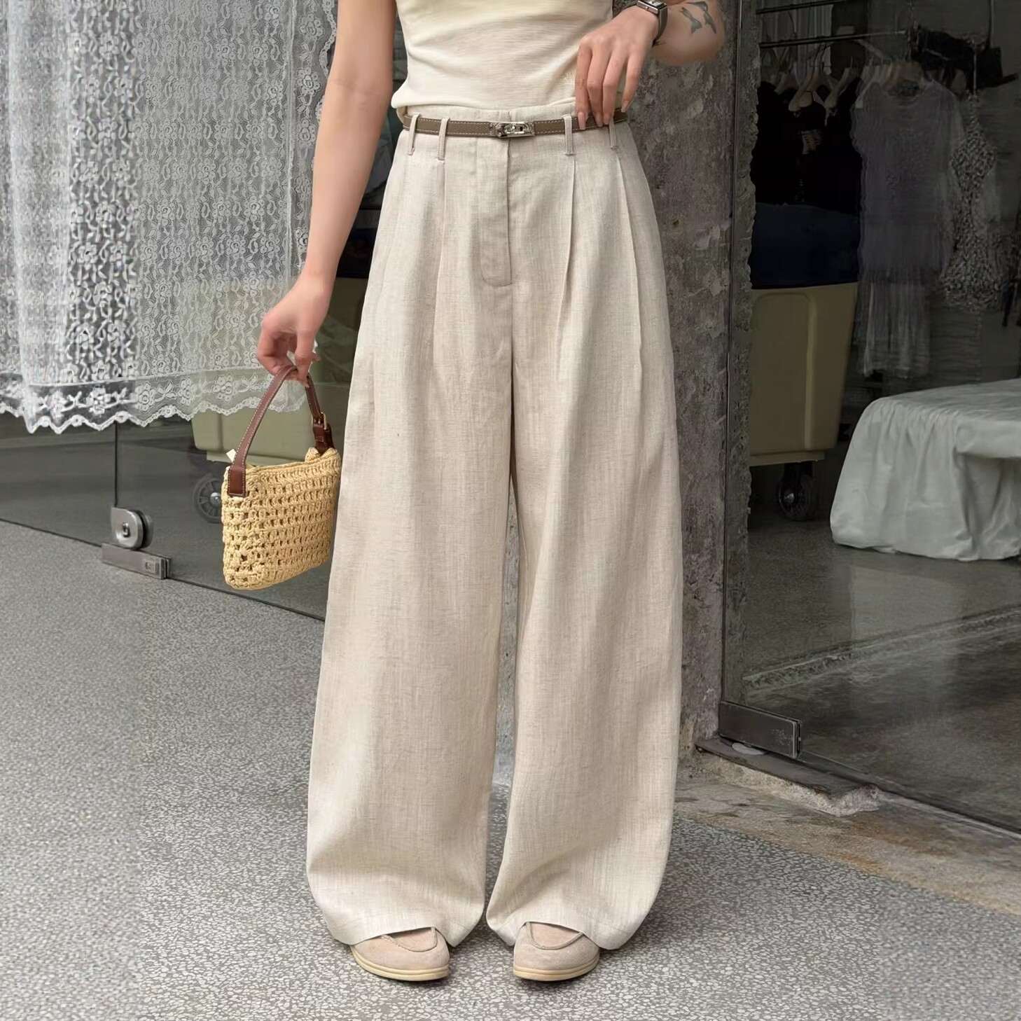 老钱风天丝苎麻亚麻阔腿裤女薄款2026夏季新款棉麻宽松直筒长裤