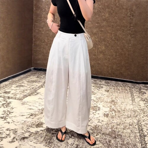 高腰宽松轻懒九分弯刀裤