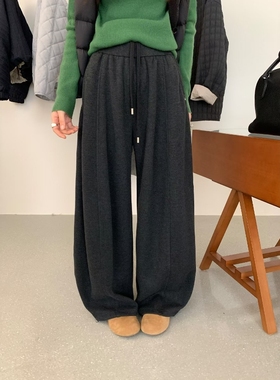 欧洲站羊绒抽绳阔腿卫裤女加绒加厚2025冬季新款宽松垂感休闲长裤