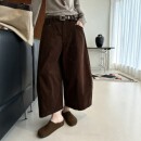 咖色复古高腰灯芯绒八分弯刀裤女2026秋季新款宽松显瘦阔腿休闲裤