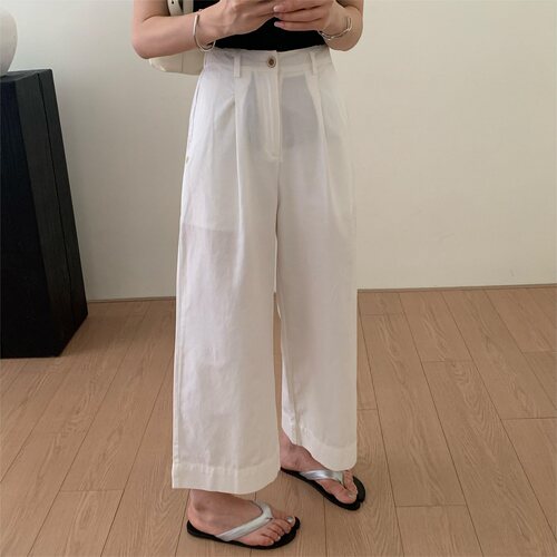天丝棉宽松白色阔腿九分休闲裤女