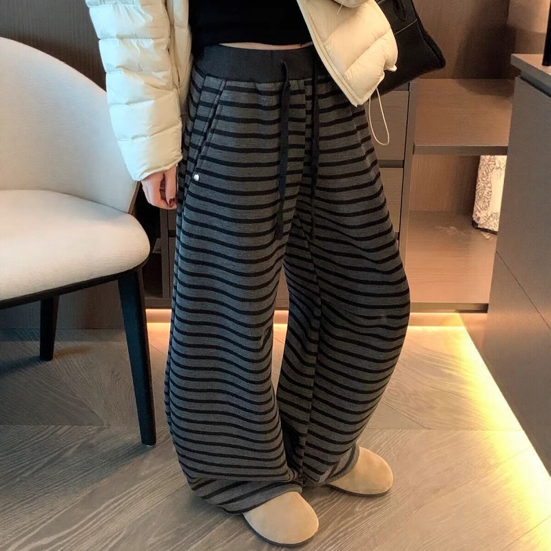 加绒厚条纹抽绳高腰直筒休闲裤女