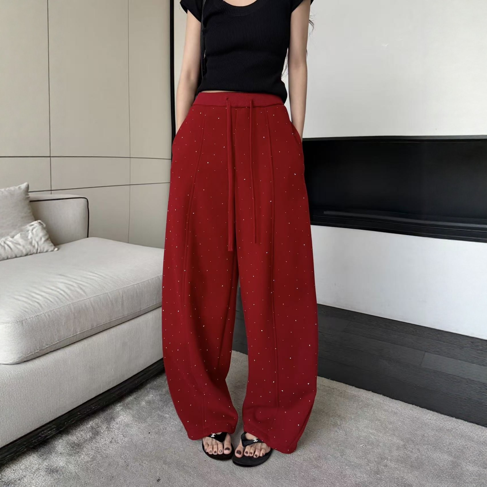 满天星烫钻亮闪闪弯刀卫裤女2026春季新款糖果色宽松休闲运动长裤,女装/女士精品,休闲裤,淘宝优惠券,粉丝福利购,淘宝优惠卷