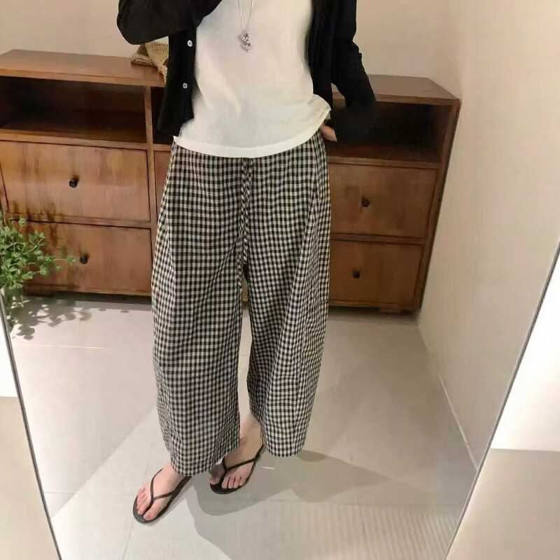 日系复古风格子阔腿裤女2026夏上新欧货高腰宽松显瘦九分休闲裤潮
