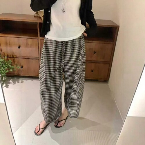日系夏上新高腰显瘦阔腿九分裤