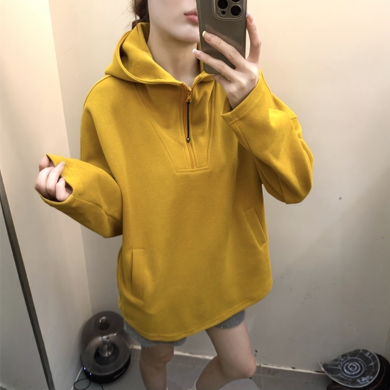 欧货慵懒风半开领连帽卫衣女2025秋季新款中长款大版休闲帽衫上衣