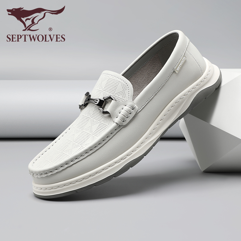 七匹狼乐福鞋男一脚蹬豆豆鞋秋季新款单鞋头层牛皮休闲鞋白色皮鞋
