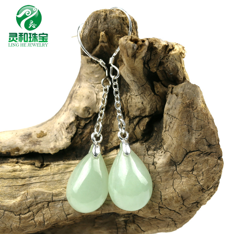 天然玉石耳环女款水滴形耳环女长款气质耳坠耳饰品 925银沟玉耳环