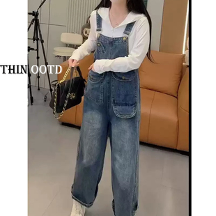 显瘦宽松多口袋设计背带裤网红同款小个子时尚遮肉显瘦九分牛仔裤