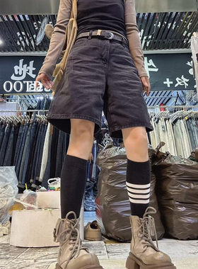 夏季新款日常黑灰色极简风牛仔阔腿裤大码女装高腰显瘦无弹五分裤