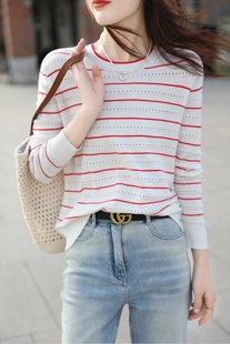 2026年新款圆领条纹拼色镂空针织毛衣时尚百搭宽松长袖打底上衣