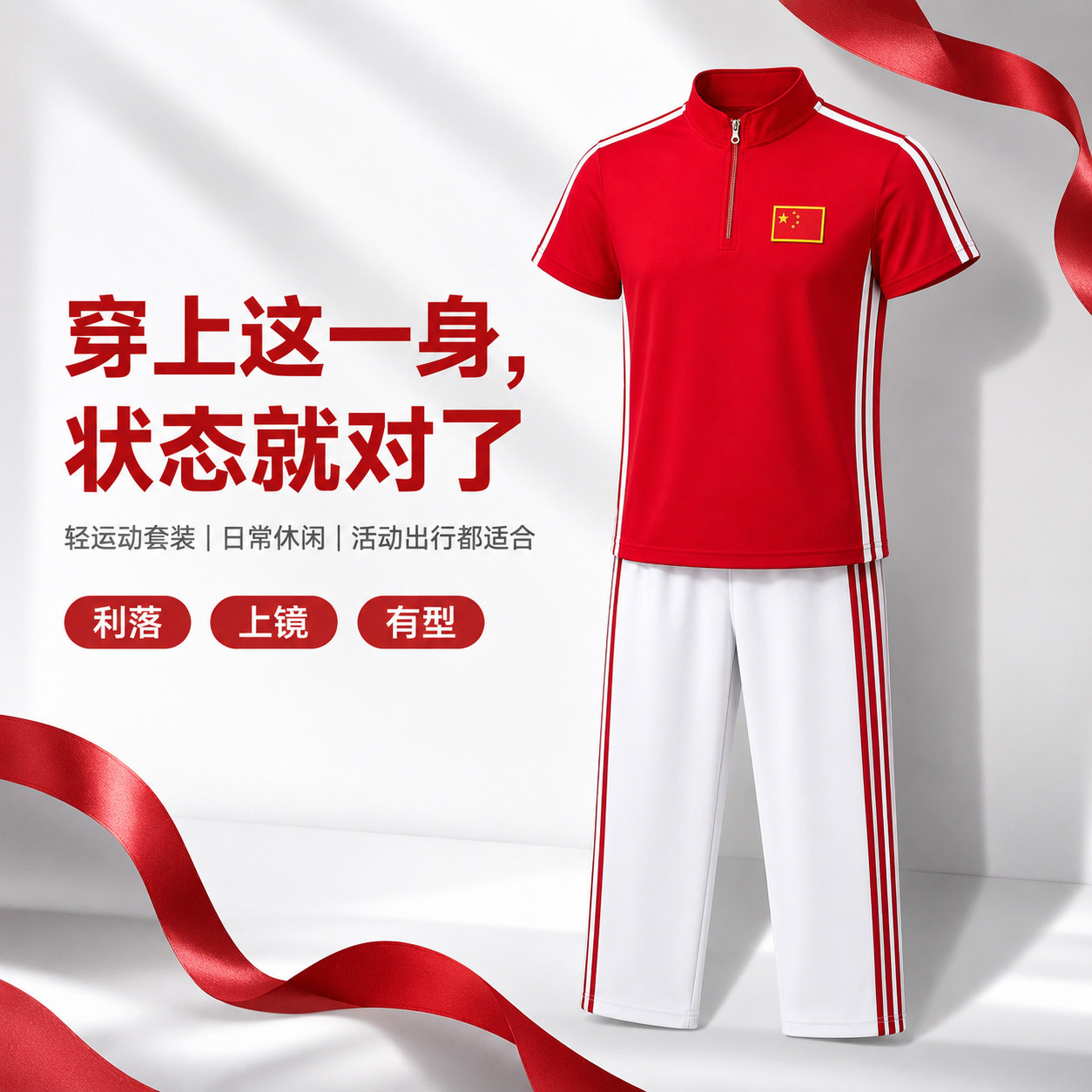 红白运动套装男女同款夏季短袖休闲跑步团队活动服宽松透气有型款