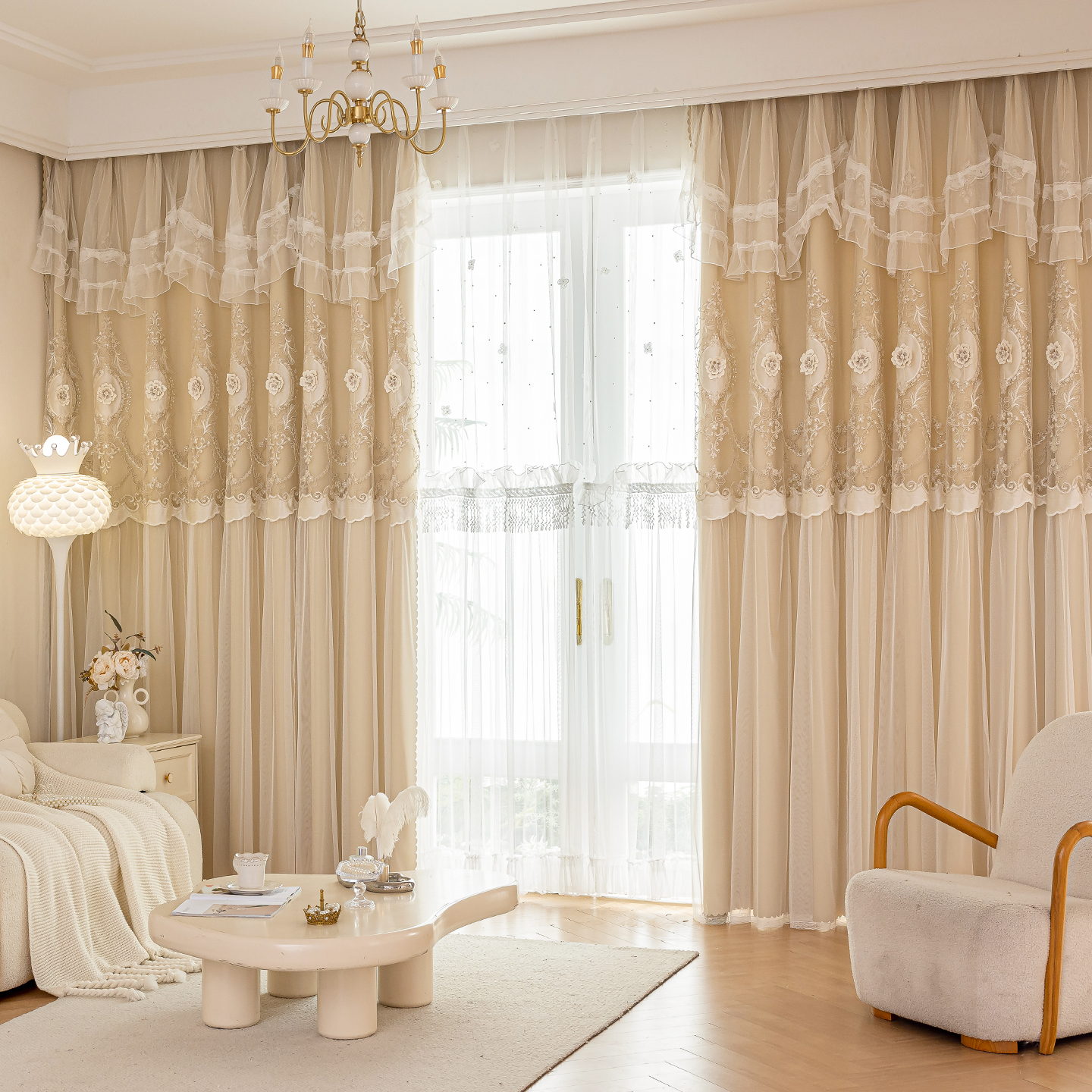 新款欧式浮雕双层布纱一体绣花遮光窗帘客厅定制