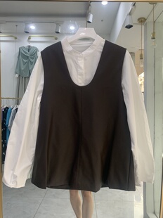 新款 韩系复古V领pu皮背心马甲 女2025秋季 白衬衫 两件套 立领长袖