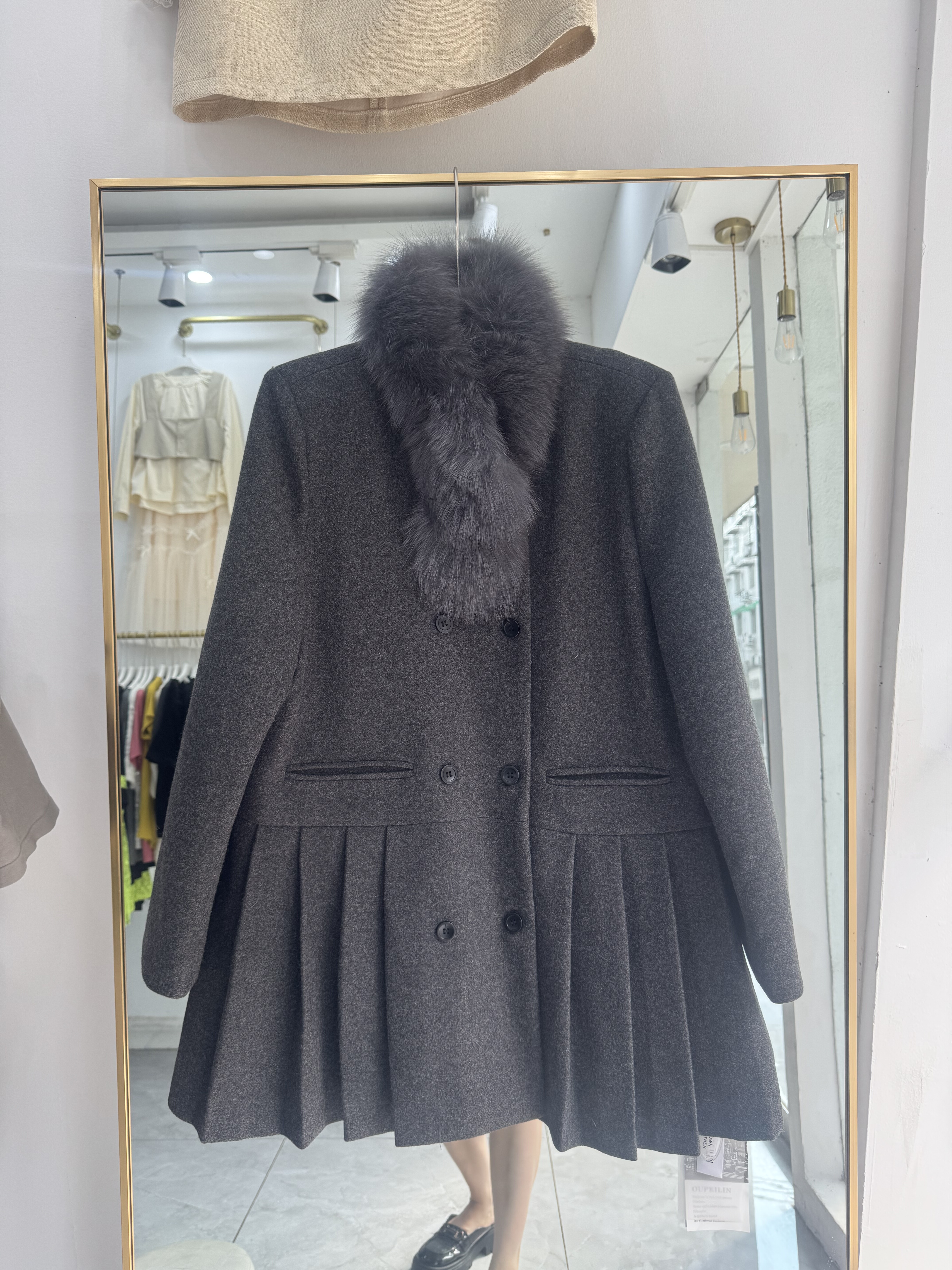 miu系高级灰色小香风西装毛呢羽绒服外套女冬新款90白鸭绒呢大衣