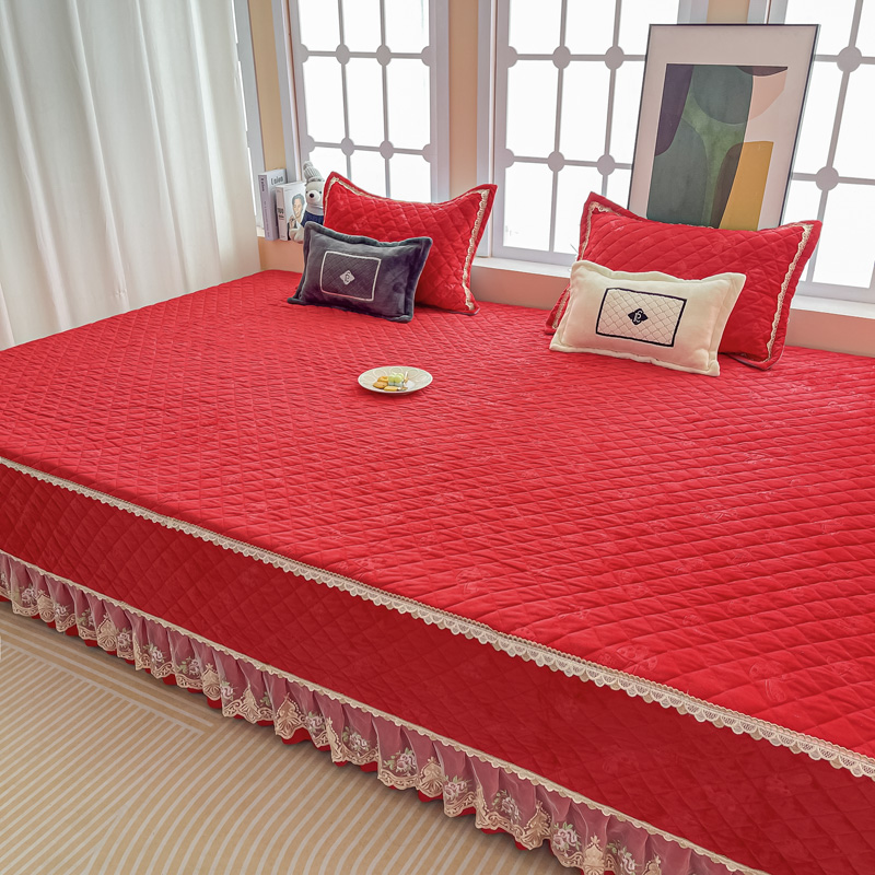 新款结婚庆榻榻米床单件牛奶绒保暖防滑可定制大红炕盖一面裙床盖