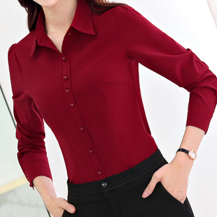 修身 酒红色春秋新款 女长袖 衬衫 工作服百搭免烫红衬衣 职业收腰爆款