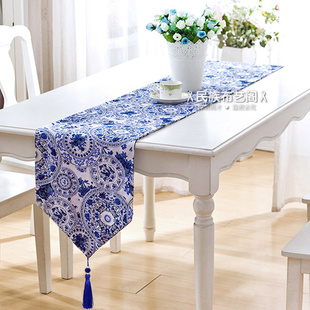 民族风青花瓷桌布桌旗中式禅意复古书法字体中国风鞋柜茶几餐桌巾