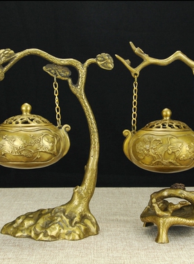 纯黄铜香炉 古典挂式吊炉 茶道创意个性桌面摆件 檀香盘香炉香炉