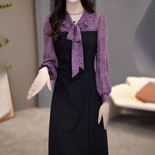 假两件连衣裙女遮肚子2025春秋新款修身宽松显瘦拼接减龄套装长裙