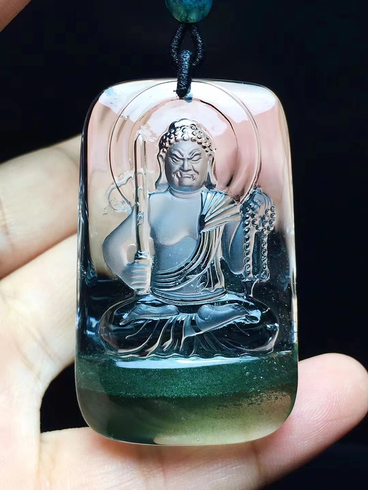 天然白水晶绿幽灵雕刻不动明王不动尊菩萨吊坠项链挂件牌子男女