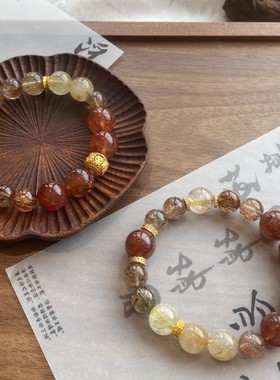 S925纯银手链女天然红胶花金发晶黑金超多宝招财红薯百搭设计手串