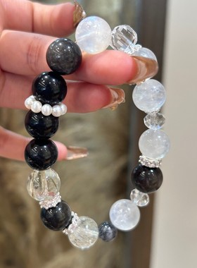天然银曜石黑发晶蓝月光碧玺发多宝轻奢手链女百搭小众设计高级感
