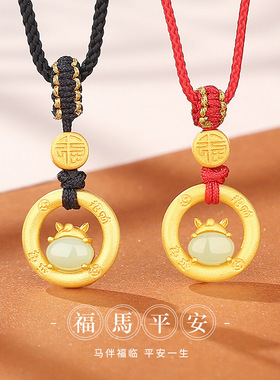 原创福马平安扣情侣项链纯银新中式古法金和田玉马年吊坠新年项饰