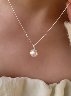 s925纯银ins风单颗淡水珍珠项链女优雅轻奢不规则感吊坠