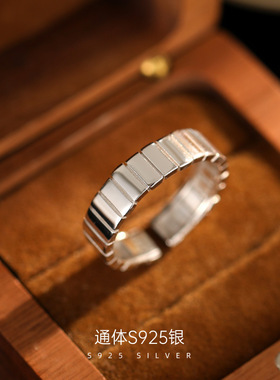 S925纯银时尚博主ins条纹戒指女轻奢重工叠戴高级开口食指环