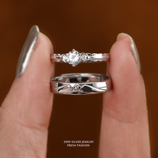 S999纯银原创小众设计余生相伴情侣戒指一对足银韩版简约开口指环