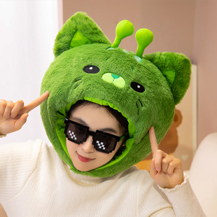 可爱搞怪外星猫咪头套帽子卡通动物毛绒儿童成人拍照直播表演道具
